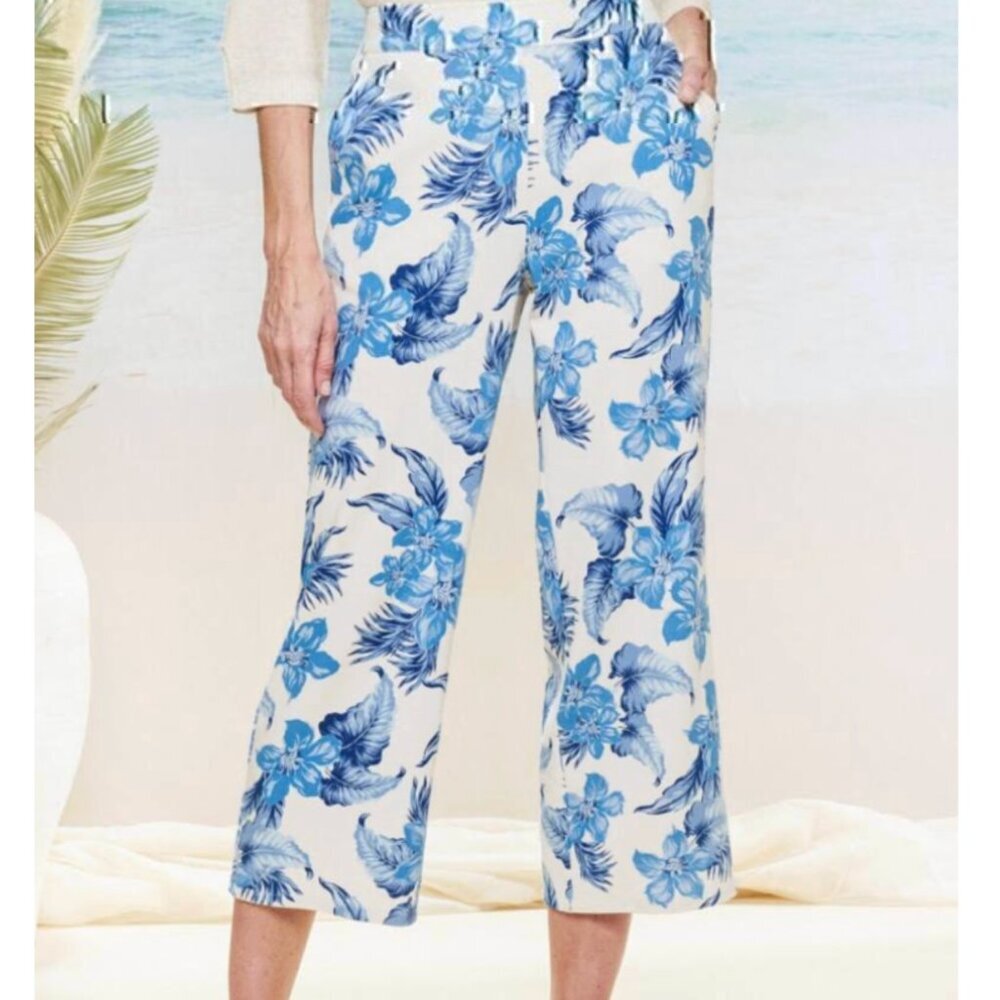 DRAPER'S DAMON'S Look Of Linen Print Crop Pants Cream Beige Blue Tropical Floral